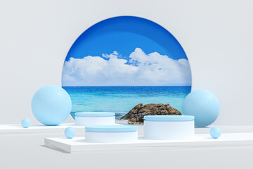 white and blue podium minimal on stage with white platform on blue sky. stage to show cosmetic and jewelry product. stage on pedestal modern 3d studio