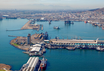 Aerial view of the commercial port of Cape Town in South Africa.