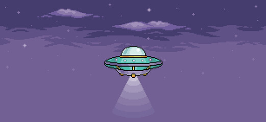 Pixel art UFO in the night sky. Alien spaceship flying with lights on. 8 bit vector background
