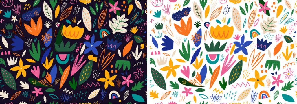 Seamless floral trendy bright patterns. Summer colourful abstract patterns. Bright beautiful floral patterns in modern hand drawn style. © moleskostudio
