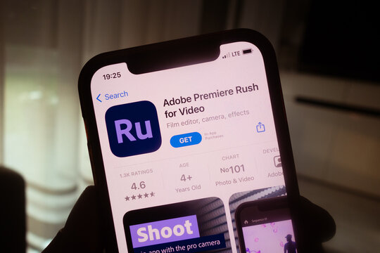 KONSKIE, POLAND - June 29, 2022: Adobe Premiere Rush for Video application on App Store displayed on mobile phone