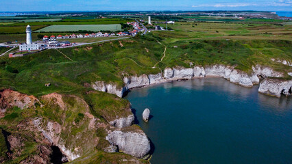 Aerial view of the Lighthouse and cliffs at Flamborough Head in Yorkshire on the northeast coast of England. 
