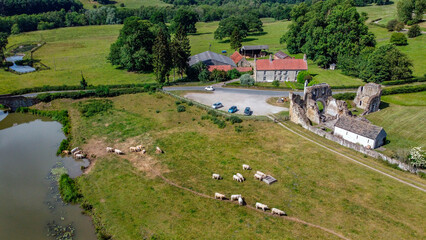 Obraz premium Aerial view of the village of Kirkham in the Ryedale District of North Yorkshire in northeast England. 