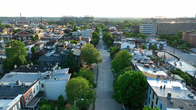 Residential housing in American city. Downtown urban America. USA at golden hour.