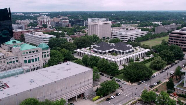 Drone shot of the North Carolina state legislature building downtown Raleigh
