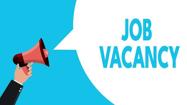 Job Vacancy Announcement with Megaphone and Speech Bubble Animation. Work Post Recruitment Concept. Businessman holding Loudspeaker. New Job Day Opportunity. Vacant Promotion and Advertising 