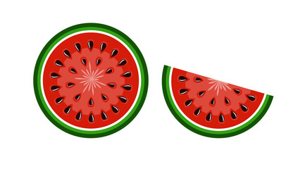 Round slice of watermelon. Piece of Fresh and Juicy Watermelon Fruit with Red Flesh and Black Seeds. Vector Set on white background.