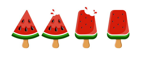 Ice lolly as watermelon piece. Piece of watermelon on a stick. Vector illustration on white background for cafe menu, fast food, summer birthday party