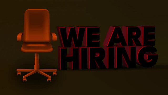 We Are Hiring with Office Chair Announcement Message. Work Post Recruitment Concept with Professional Armchair. Searching New Employee For New Job Opportunity. Promotional 4K 3D Video 
