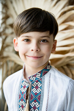 portrait of happy smiling boy in beautiful  ukrainian embroidery