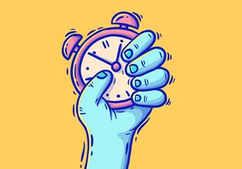 illustration of hand with clock, time, agenda, time, work, break, schedule, minutes, seconds
