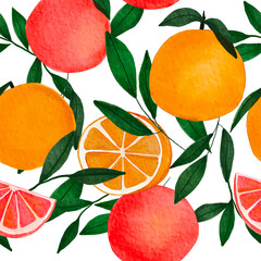 Watercolour Tropical Orange and Grapefruit design Seamless Pattern on white background. Hand Drawning repeat Citrus Fruit , full and cut, green branch leaves. Illustration