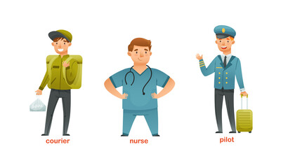 Man Character of Various Professions with Courier, Nurse and Pilot in Uniform Vector Set