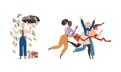Plakat Man and Woman Office Employee Character Under Umbrella with Money Falling and Finishing at Marathon Run Vector Set