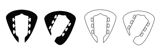Guitar pick. Cartoon guitars headstock, rock music guitar necks or head silhouette. Vector icon or logo. Musical, acoustic entertainment. Guitar head symbol. Bass Guitar headstock or peghead.