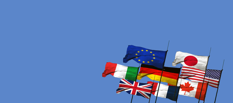 G7 summit. flags of members of G7 group of seven and list of countries and Russia flag. Group of Seven.