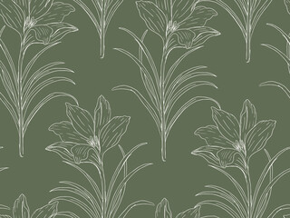 Hand Drawn Continuous Line Drawing Floral Seamless Pattern. Line Art Feminine Crocus Flowers on green background. Romantic Botanical Wallpaper for Textile, fabric, backdrop, print, craft, surface. Vec