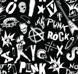 Vector black and white seamless pattern of punk and anarchy symbols, skulls, guitars and typography design in the style of 70s punk rock style. - obrazy, fototapety, plakaty