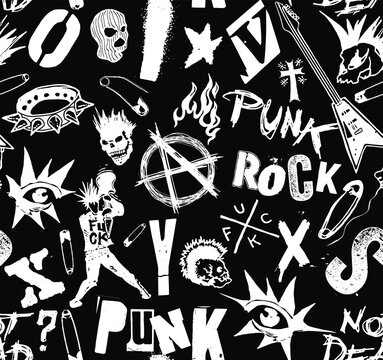 Vector black and white seamless pattern of punk and anarchy symbols, skulls, guitars and typography design in the style of 70s punk rock style.