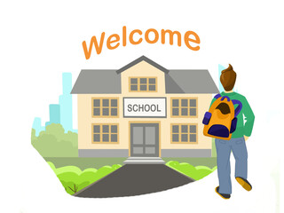 Welcome back to school concept. School building on the background and student goes to school