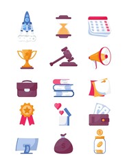 Business icons vector set. Rocket, megaphone, winner cup are shown. Books, briefcase, judge's gavel, calendal, hourglass are shown.