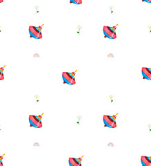 Hand-drawn humming top with rainbow and flowers; Pattern on a white background; Illustration for children's products; Postcards; Babyshower