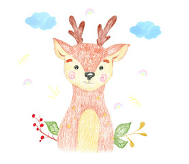Obraz premium Cute baby deer on the background of clouds and a rainbow; deer with horns; illustration for children's products; cartoon deer in flowers with leaves ;postcards