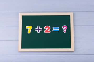 School board with magnetic numbers. Solving examples. Math for kids
