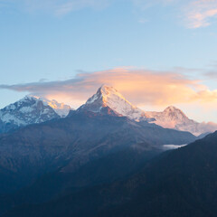 Obraz na płótnie Canvas Misty mountains, morning in Himalayas, Nepal, Annapurna conservation area