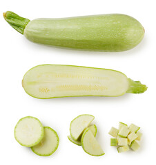 Zucchini, half and slices close-up on a white background. Top view.