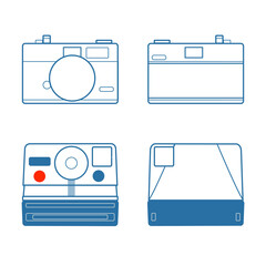 Front and back of vintage SLR analog camera outline in isolated icon symbol, oil polaroid camera illustration 