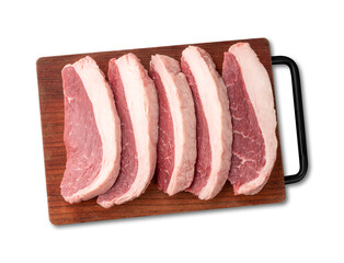 Sliced raw picanha or rump meat over wooden board isolated over white background
