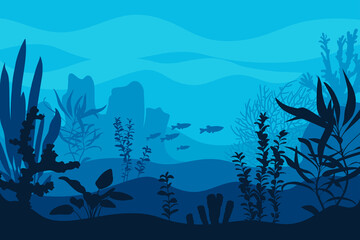 Vector ocean world. Deep seascape with seaweeds, fish and corals. Aquatic ecosystem. Blue background. Illustration of undersea bottom.