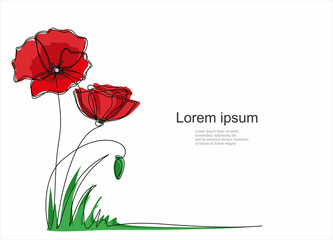 Poppy flowers in continuous line art drawing style. Minimalist black linear design isolated on white background. Vector illustration with quote template.