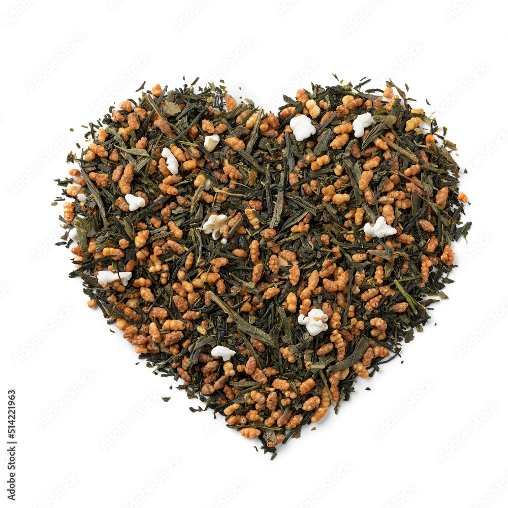 Wall mural genmaicha, japanese tea in heart shape isolated on white background