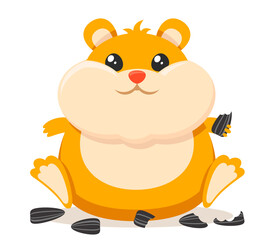 Hamster sits and eats sunflower seeds close-up on a white background. Character