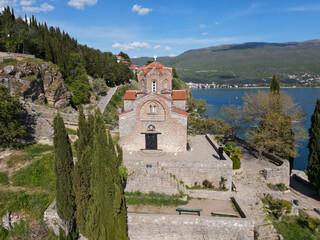 Fototapeta na wymiar Drone view at the Church of Saint John on the Lake Ohrid, Macedonia