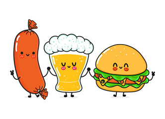 Cute, funny happy glass of beer, hamburger sausage. Vector hand drawn cartoon kawaii characters, illustration icon. Funny cartoon glass of beer, hamburger and sausage friends concept