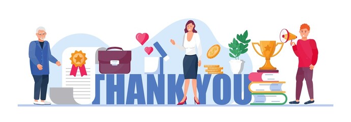 Thank you huge words concept vector. Tiny people thank you for help. Clients evaluate the service, give rate.