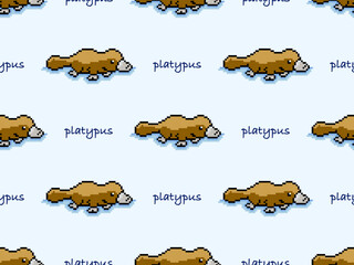 Platypus cartoon character seamless pattern on blue background. Pixel style