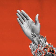 Contemporary art collage. Human hands reach up, vote, approve over red background. Ideas,...