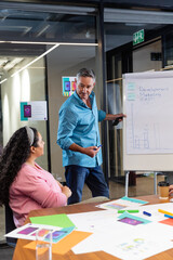 Mature caucasian businessman explaining strategy to colleagues over flipchart in meeting at office