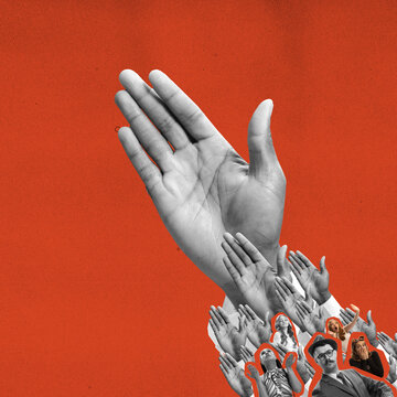 Contemporary Art Collage. Human Hands Reach Up, Vote, Approve Over Red Background. Ideas, Imagination, Art, Surrealism. Concept Of Social Issues, Propaganda, Mental Health