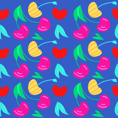 Cherry seamless pattern. Bright colorful summer background.  Perfect for textile, wrapping, packaging and wallpapers.