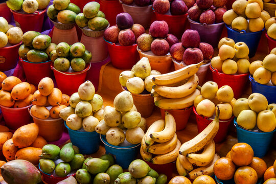 Mexican local street market displays colorful fresh tropical fruits in San Cristobal de las Casas, Chiapas, Mexico.