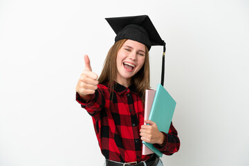 Young English student woman isolated on white background with thumbs up because something good has happened