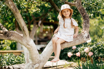 Obraz premium Small girl climb tree in summer garden, activity. Little girl on tree branch, childhood. Vacation, activity, lifestyle. Kid fashion, style, beauty Childhood youth growth