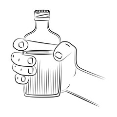 Male hand holding bottle of whiskey, close-up. Strong alcohol drink bottle. Drink portion of aged alcohol. Alcohol drink for luxury celebration. Sketch, linear contour drawing in minimalist style