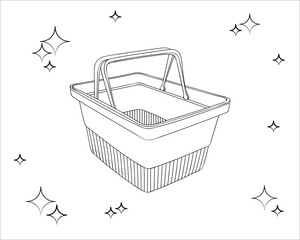 Empty plastic shopping basket. Supermarket food basket. Visiting grocery store to purchase goods, food and drinks. Days of promotions and sales. Sketch, linear contour drawing in minimalist style