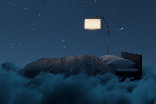 3d rendering of cozy bed illuminated by lamp. The bed flying over fluffy clouds at night